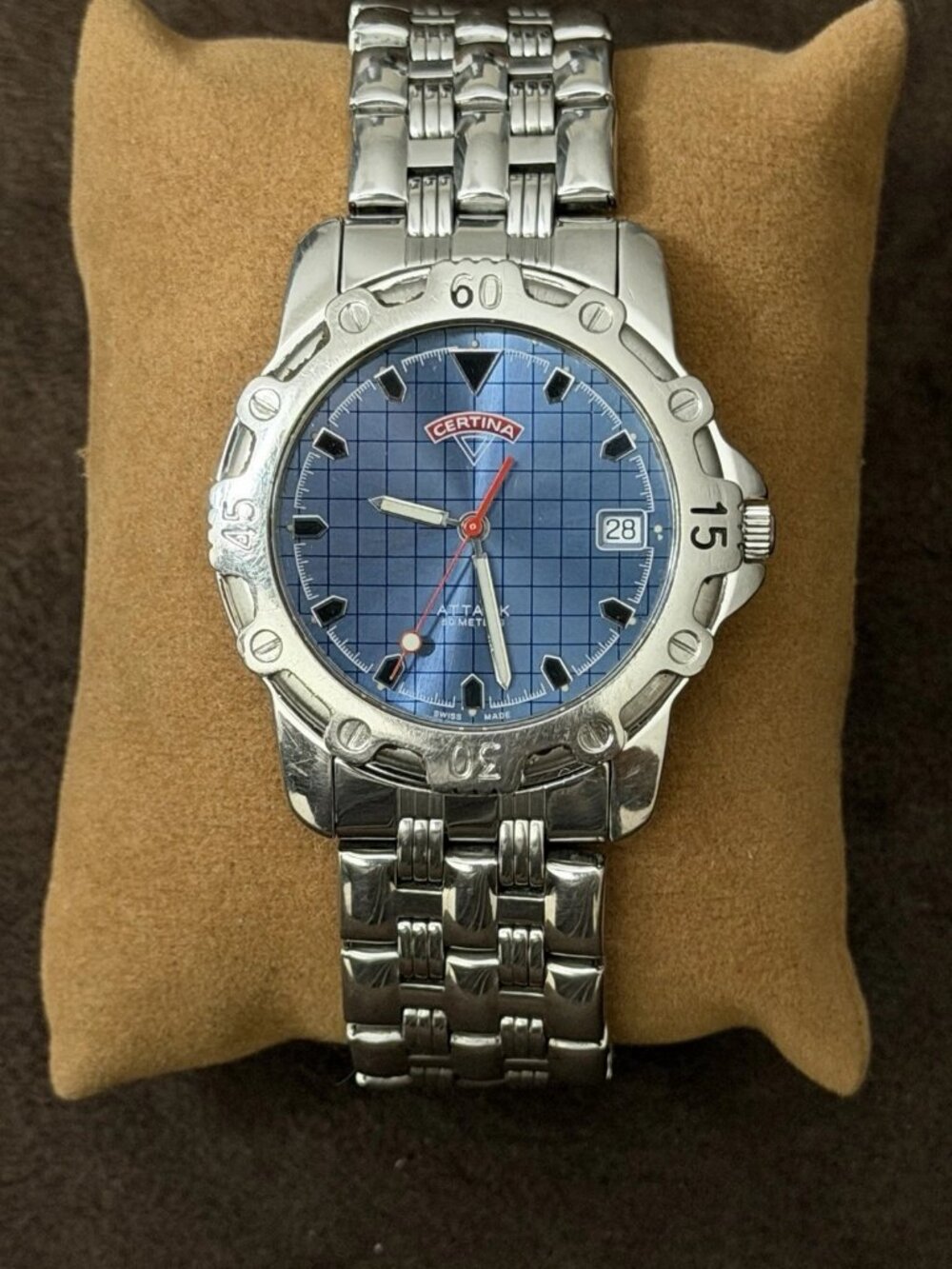 Certina Attack Quartz Stainless Steel Bracelet Watch Blue Grid Dial Date 50m